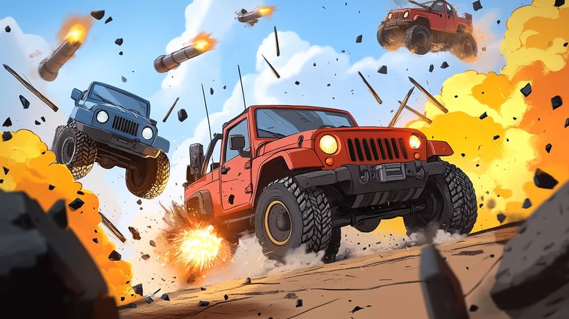 SmashJeeps artwork: jeeps racing through rockets and explosions